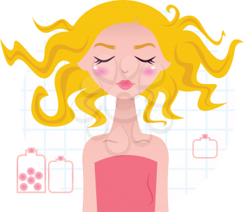 Sweet Blond wellness woman with beautiful hair. Vector Illustration.