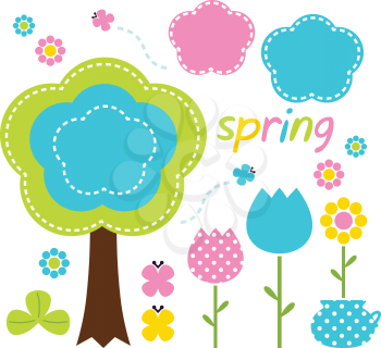 Floral spring set - pink, blue and green. Vector Illustration