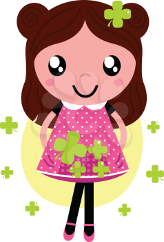 Romance little Girl with four leaf clovers. Vector Illustration