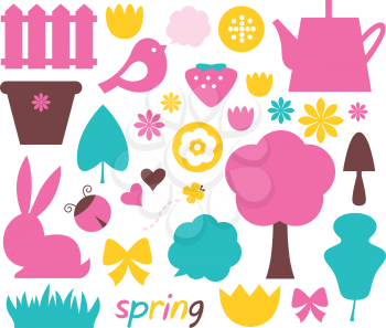 Easter and nature elements set in pastel colors - brown, pink, cyan. Vector illustration