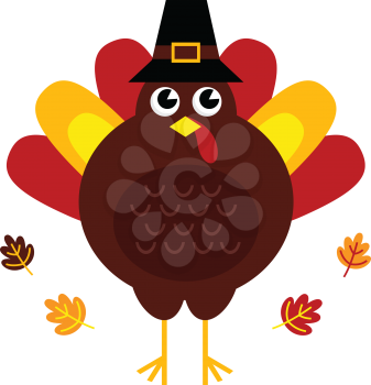 Stylized brown turkey with leaves behind. Vector illustration