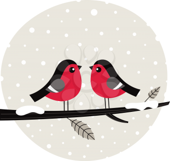 Cute birds on snowing background. Vector Illustration