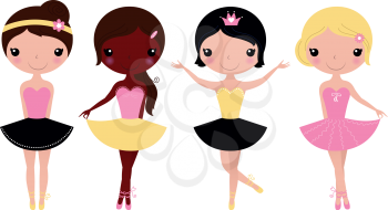 Happy multicultural ballerinas. Vector cartoon Illustration