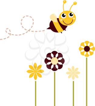 Adorable spring Bee flying around flowers. Vector