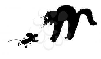 Royalty Free Clipart Image of a Cat Scared of a Mouse