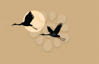 Royalty Free Clipart Image of Cranes Flying