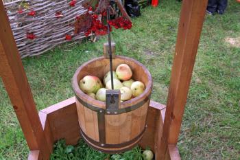 apple in pail on rural market
