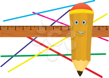 Royalty Free Clipart Image of a Pencil and Ruler in Front of Striped Lines