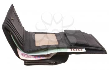 Open wallet with money on a white background.                    
