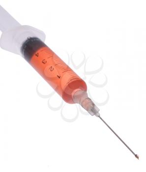 The medical syringe filled with red medicine on a white background.
                   