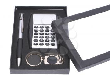 Gift set, a calculator, a pen, pendant, in a black box. 
                    