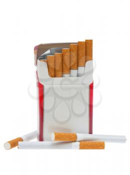 Open pack of cigarettes and a cigarette on a white background.                    