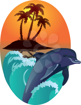 Dolphin against tropical island, file EPS.8 illustration.