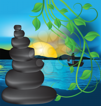 Royalty Free Clipart Image of Lava Stones, Leaves and the Sea