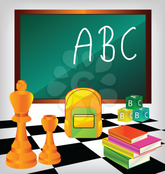 Royalty Free Clipart Image of Education Objects in Front of a Chalkboard