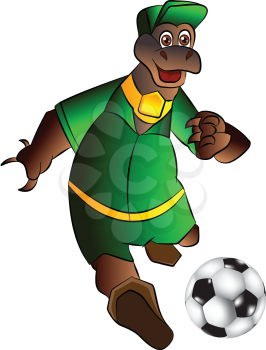 Royalty Free Clipart Image of a Dinosaur Kicking a Soccer Ball