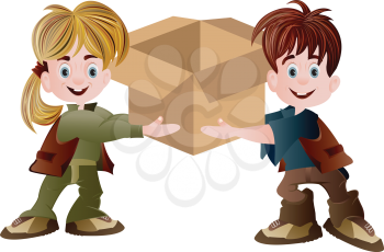 Royalty Free Clipart Image of a Boy and Girl Holding a Blank Carton
