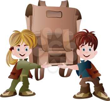 Royalty Free Clipart Image of a Boy and Girl Holding a Schoolbag