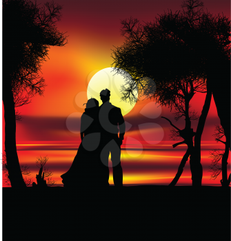 Royalty Free Clipart Image of Two Silhouettes on a Beach at Sunset