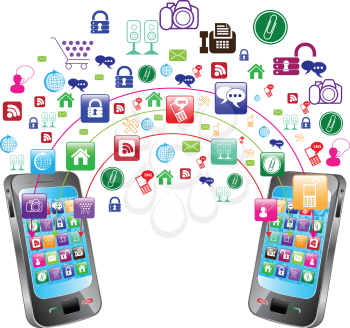 Royalty Free Clipart Image of App Icons Between Two Cellphones