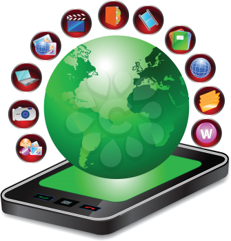 Royalty Free Clipart Image of a Globe on a Phone With Icons Around It