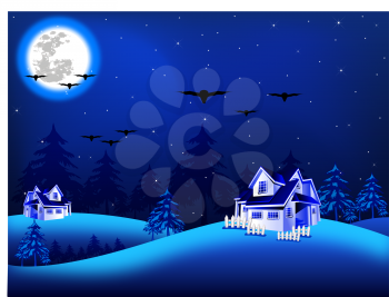 Royalty Free Clipart Image of Houses on a Winter Night