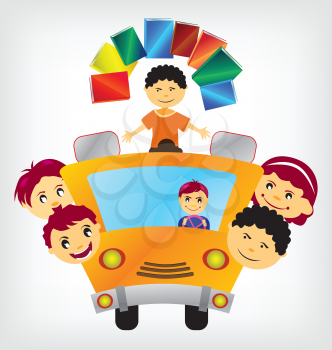 Royalty Free Clipart Image of Children on a School Bus With Books Above