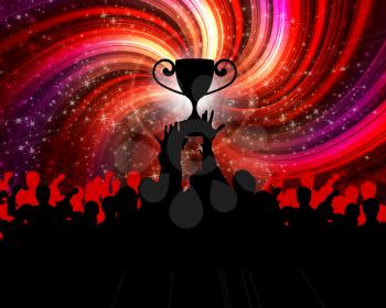 Royalty Free Clipart Image of a Cheering Crowd and a Trophy