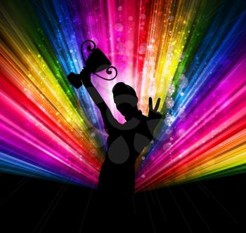 Royalty Free Clipart Image of a Silhouette Holding Up a Trophy Against a Rainbow Background