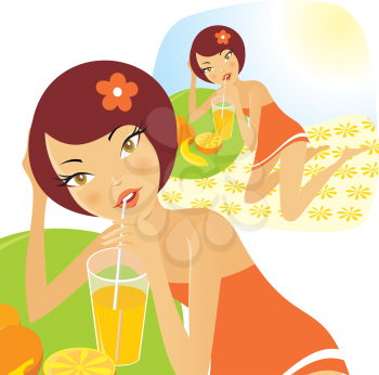Royalty Free Clipart Image of a Girl Sipping a Drink