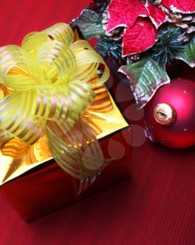 gold gift box and christmas decoration