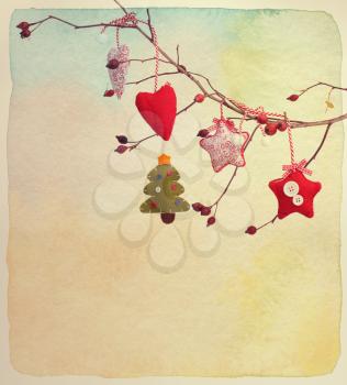 New Year card. Vintage retro style. Paper watercolor textured.