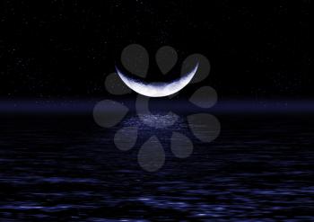 Half of moon in the star sky reflected in water