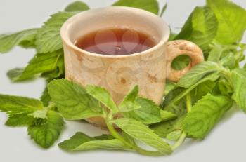 cup of tea useful to health and leaves of mint