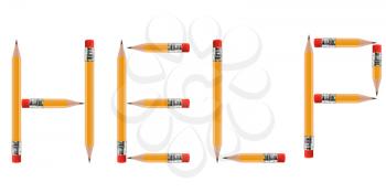 short Pencils isolated on white background arranged to spell Help.