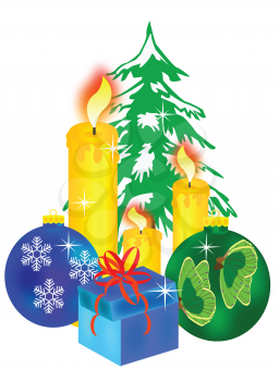 Royalty Free Clipart Image of a Christmas Tree, Gifts, Candles and Ornaments
