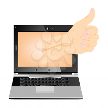 Royalty Free Clipart Image of a Thumbs Up Coming Out of a Computer