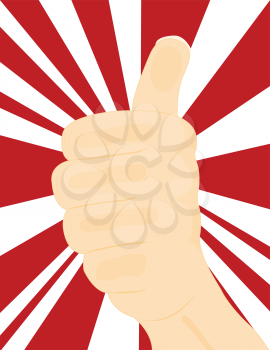 Royalty Free Clipart Image of a Thumbs Up Against a Red and White Striped Background
