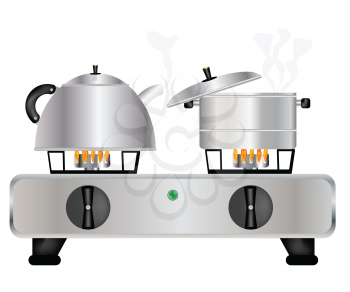 Royalty Free Clipart Image of Cookware on a Gas Stove