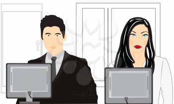 Royalty Free Clipart Image of a Man and a Woman at Computers