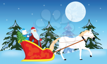 Royalty Free Clipart Image of Santa in a Horse Drawn Sled
