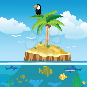 Desert island and ocean with fish