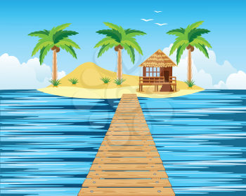 Tropical island in ocean and wooden bridge to him