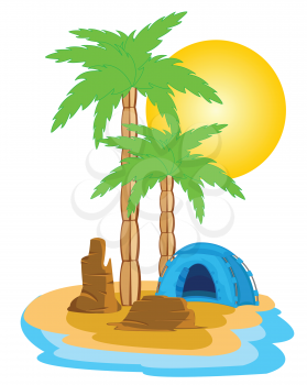 Blue tent on tropical island with palm