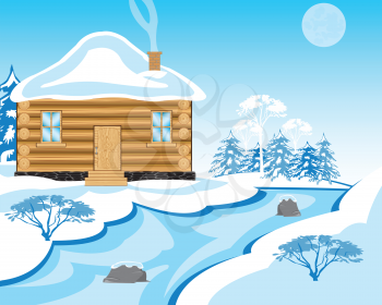 Vector illustration solitary building beside icy stream