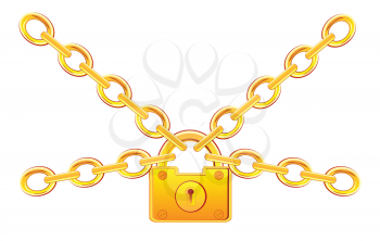 Lock from gild on chain on white background