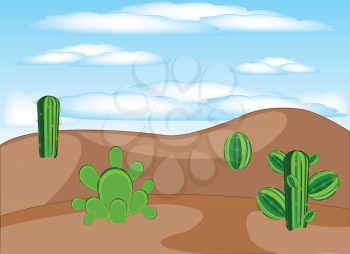 The Desert with cactus and sun dune.Vector illustration