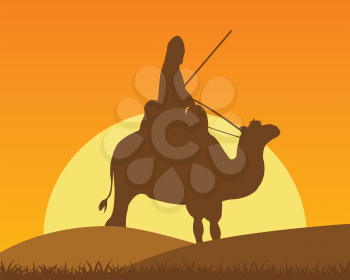 The Camel with horseman in desert on sunrise.Vector illustration