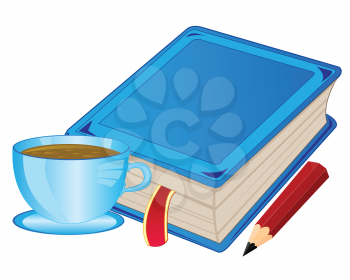 Cup with coffee and book on white background is insulated