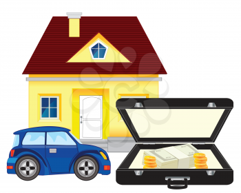 Money and car with house on white background is insulated